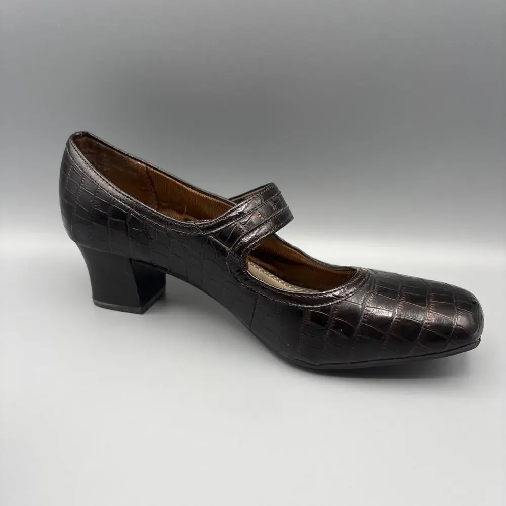 Lifestride Heels Size 8 Brown Mary Jane Square Toe Dark Academia Twee Crocodile